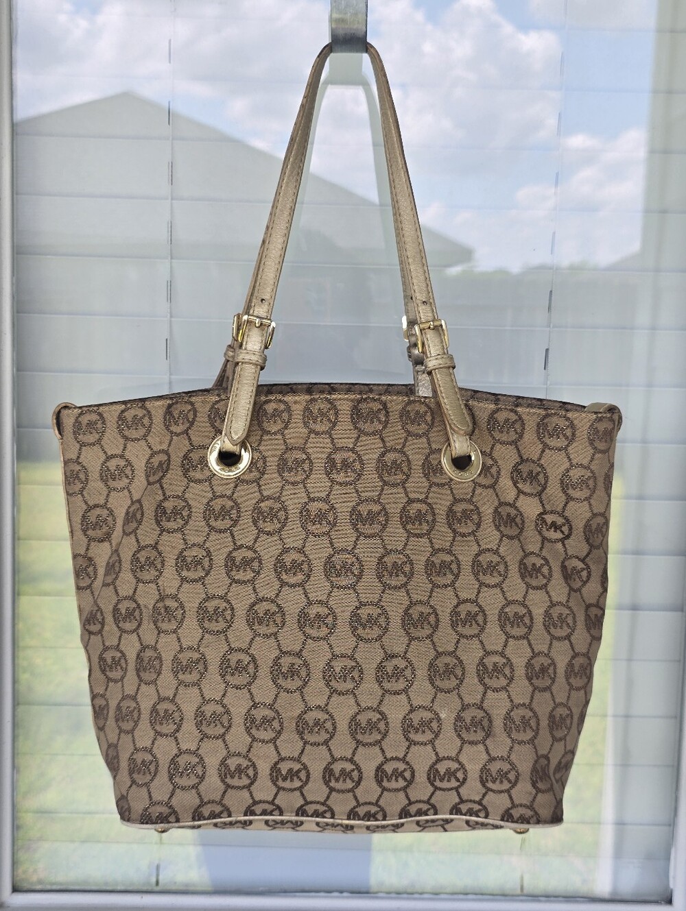 Michael Kors MK Signature Monogram Jacquard Tote Bag Brown Gold Leather